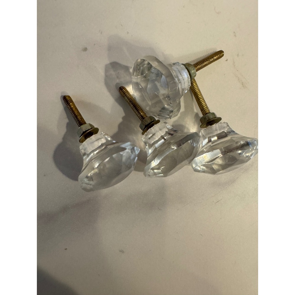 Vintage Clear Glass Drawer Pulls Faceted Diamond Knobs Brass Hardware Set of 4
